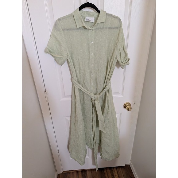 Lisa Marie Fernandez Metallic Linen Blend Gauze Shirt Dress Mint Green Midi Sz 3 - Picture 2 of 10